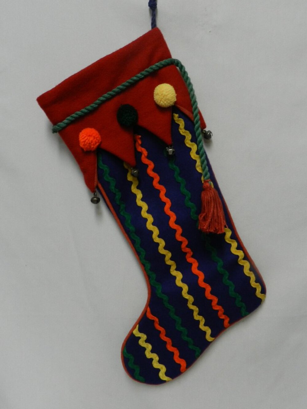 Crate & Barrel Christmas Jester Stocking Holidays w/ Pom Poms & Bells Vintage
